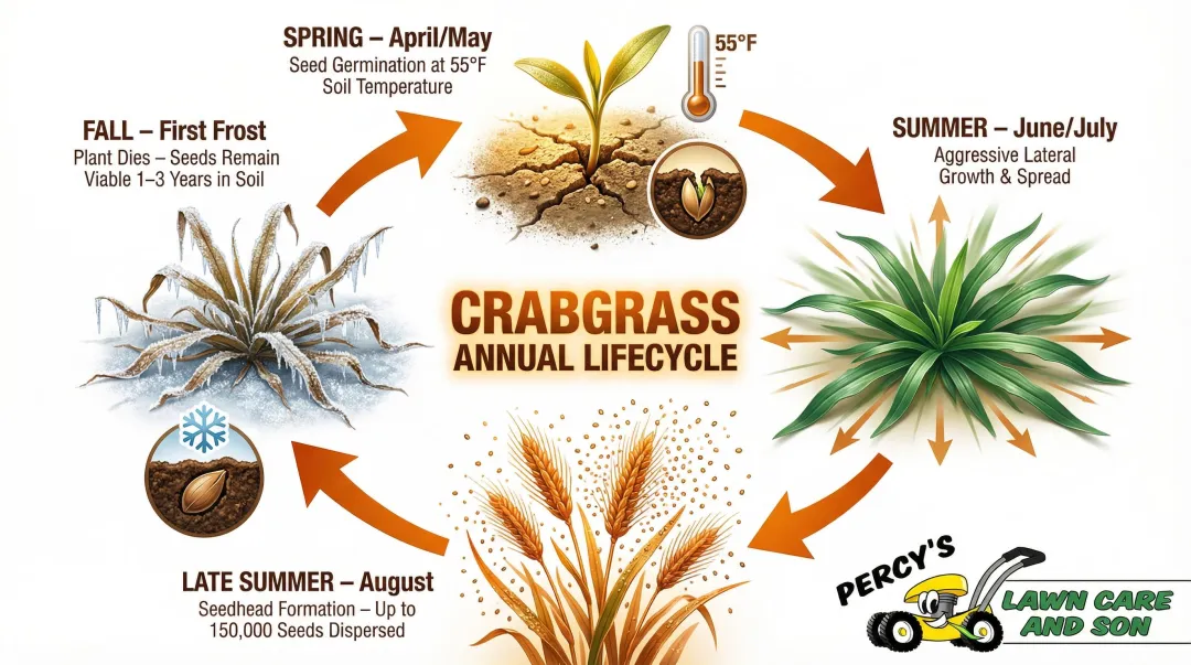 Crabgrass annual lifecycle from germination to seed drop infographic