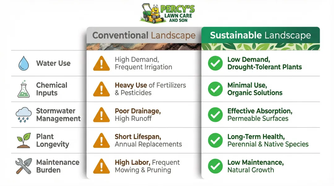 Conventional versus sustainable landscaping five-factor side-by-side comparison infographic
