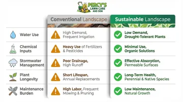 Conventional versus sustainable landscaping five-factor side-by-side comparison infographic