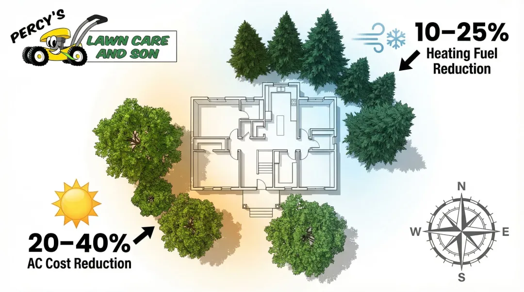 Strategic tree placement diagram showing summer shade and winter windbreak energy savings