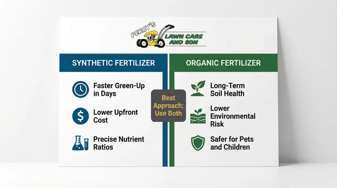 Synthetic versus organic fertilizer comparison chart for dark green lawn results