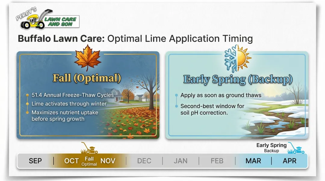 Buffalo lawn lime application seasonal timing calendar fall versus spring windows