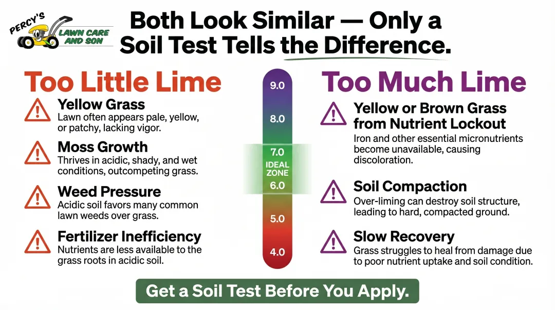 Side-by-side comparison of lime deficiency versus over-liming lawn symptoms