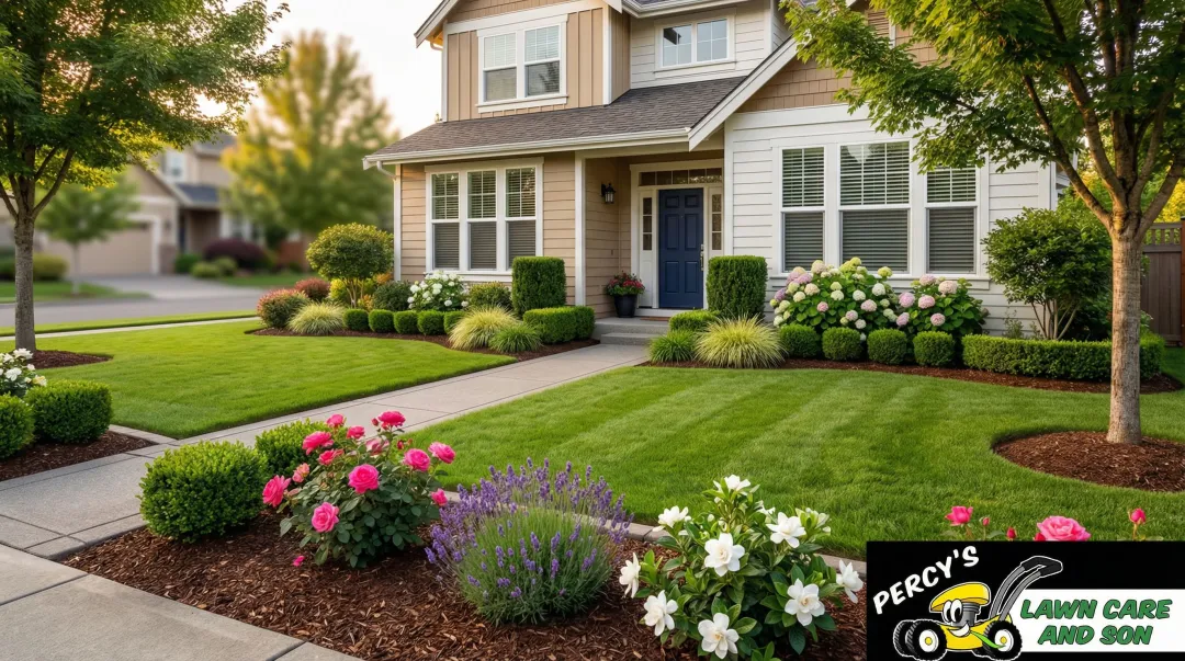 Attractive front yard with mixed shrub beds and lush turfgrass curb appeal