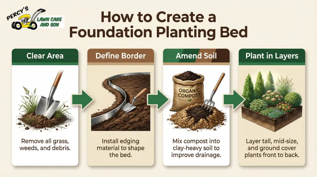 4-step foundation planting bed creation process flow infographic