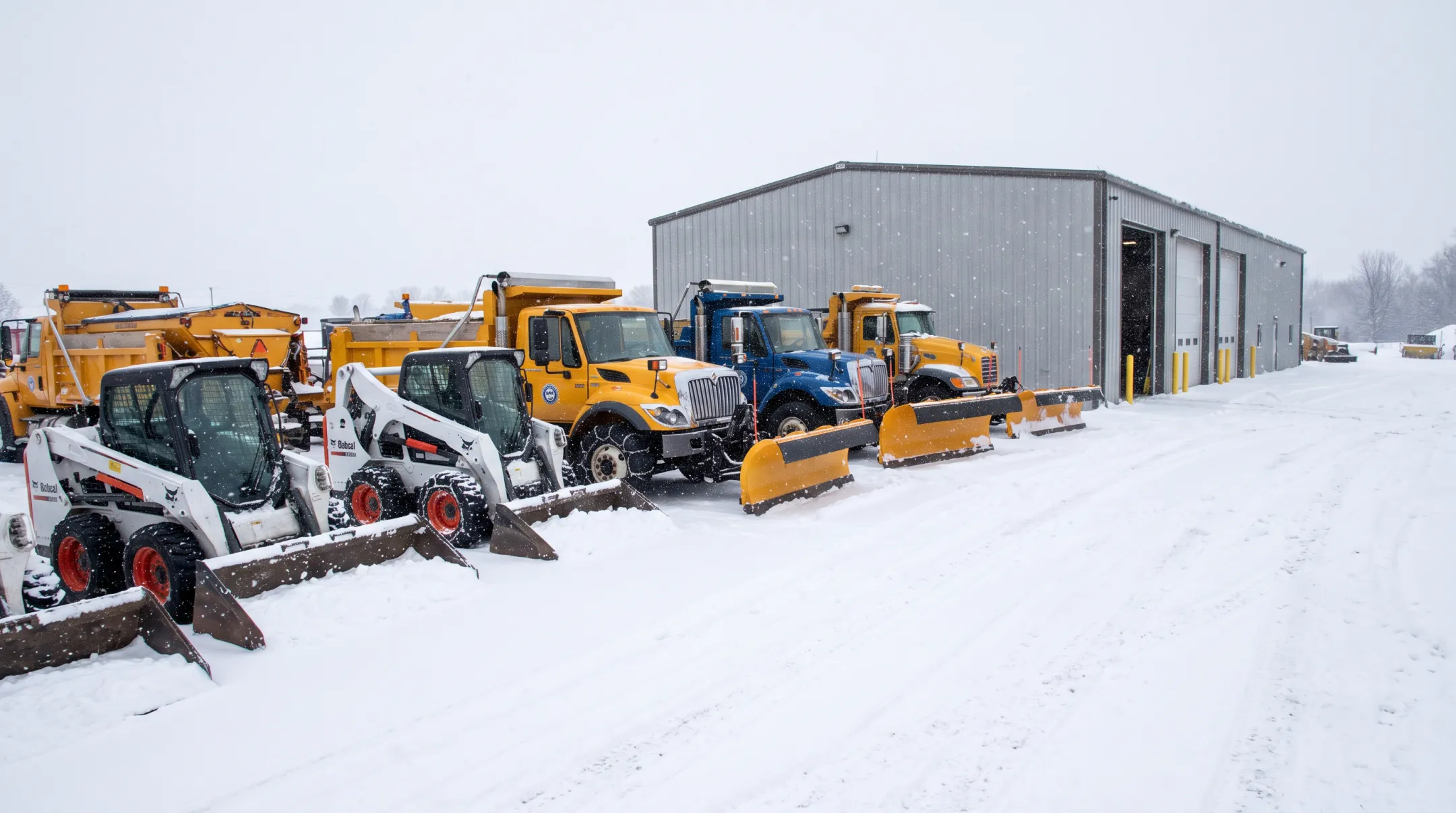 Buffalo snow removal crew with commercial plows and skid steers