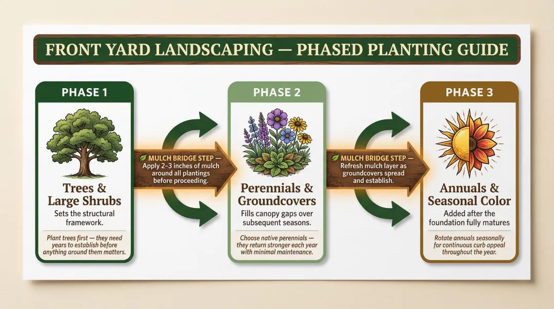 Three-phase front yard landscaping project timeline from trees to annuals