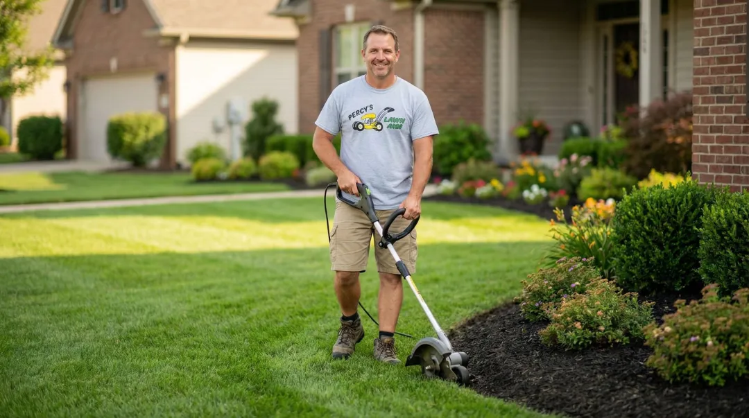 Homeowner edging lawn beds next to mulched planting border in tidy front yard