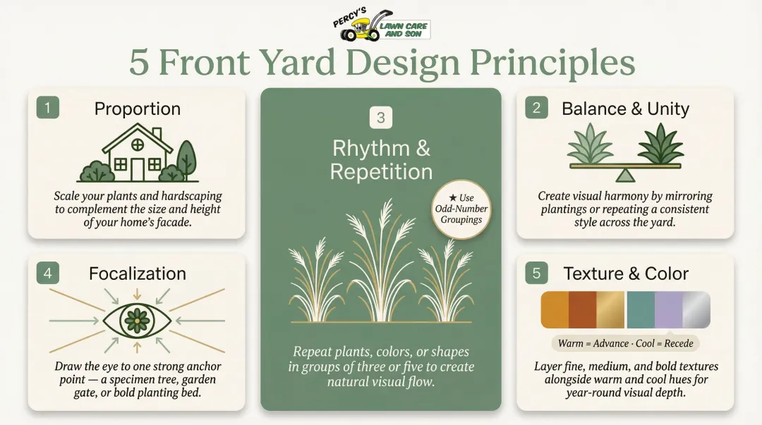 Front yard design principles infographic covering proportion balance rhythm texture and color