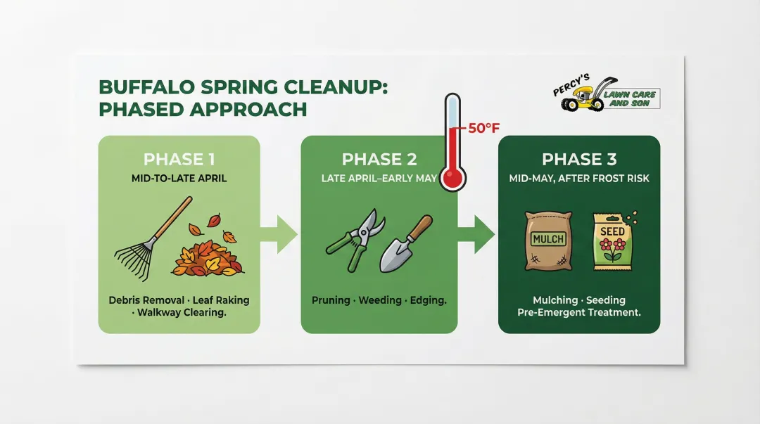 Three-phase Buffalo spring lawn cleanup timeline from mid-April to mid-May