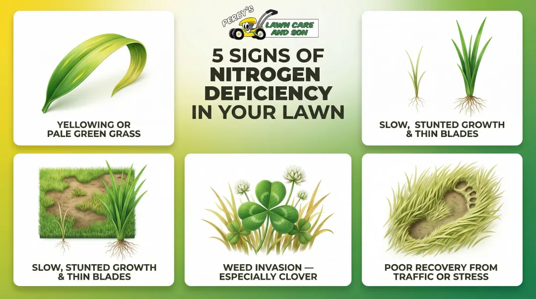 Five signs of nitrogen deficiency in cool-season lawn grass infographic