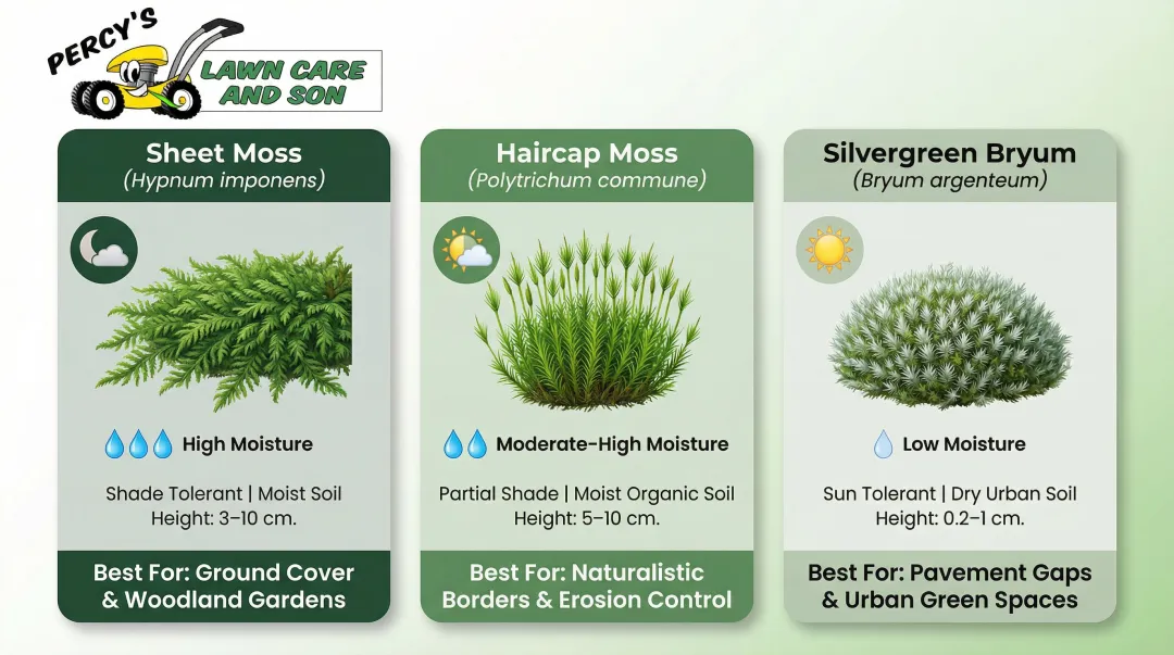 Three Buffalo-friendly moss species comparison chart with height shade and moisture preferences