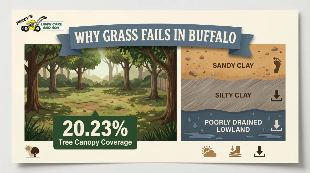 Buffalo yard conditions where moss outperforms grass with local canopy and soil data