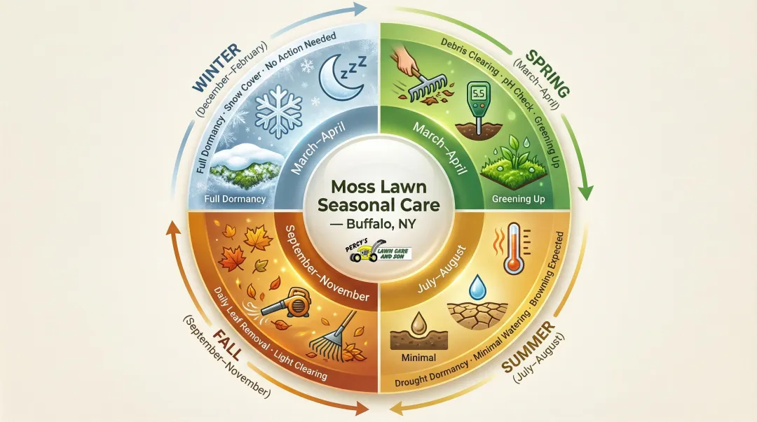 Seasonal moss lawn care calendar for Buffalo showing dormancy watering and maintenance schedule