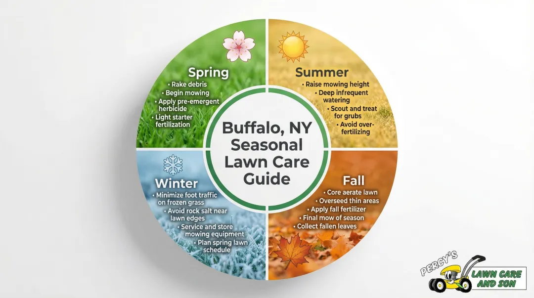 Buffalo NY four-season lawn care task calendar spring summer fall winter schedule