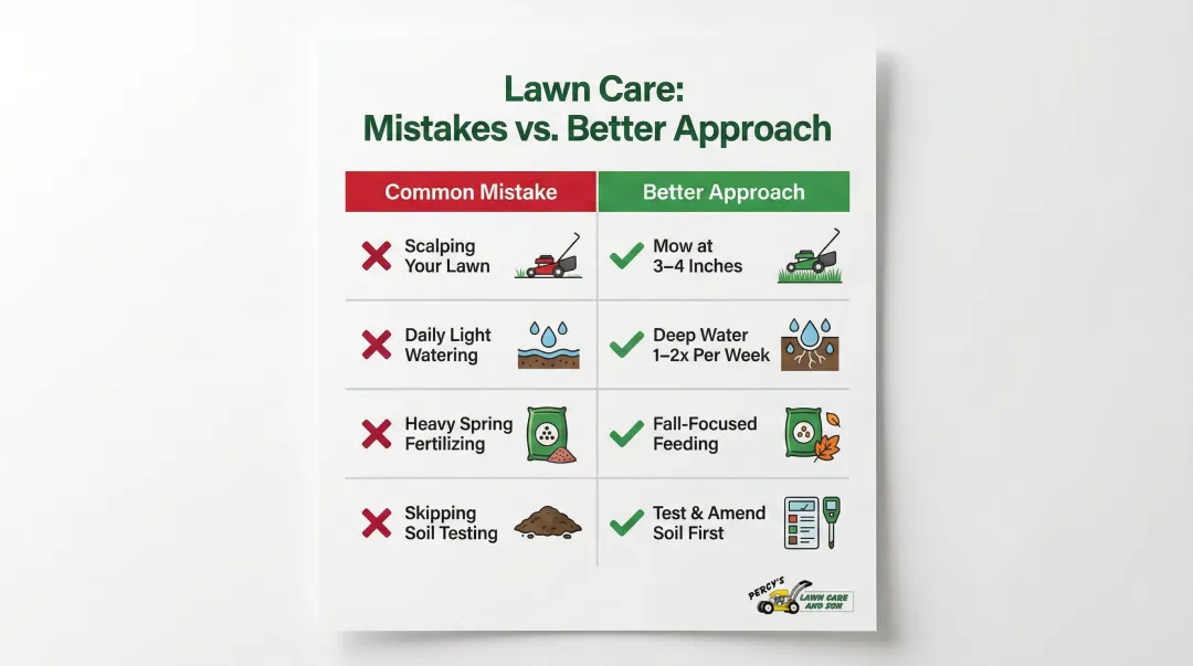 Four common DIY lawn care mistakes and correct practices side-by-side comparison