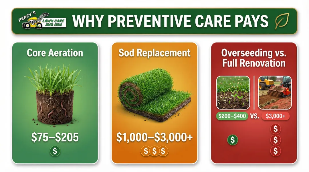 Lawn repair cost comparison infographic core aeration versus sod replacement versus overseeding