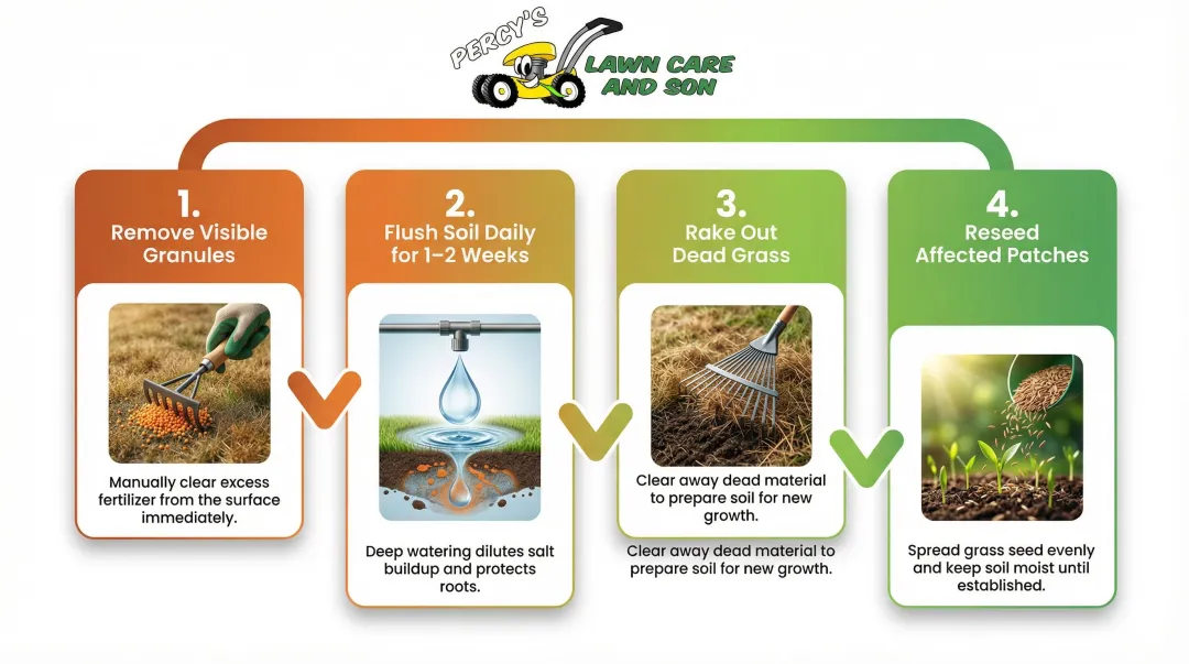 4-step fertilizer burn lawn recovery process from flushing soil to reseeding