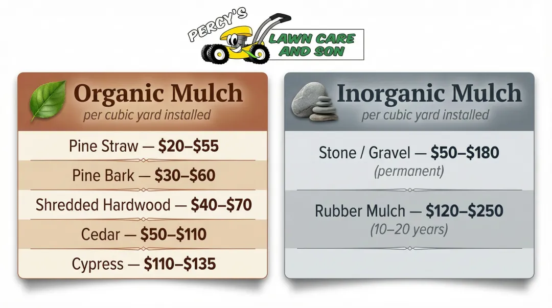 Organic versus inorganic mulch types cost and longevity comparison chart