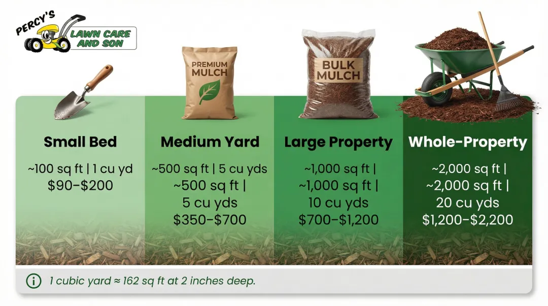 Mulch project cost breakdown by coverage area and cubic yards needed