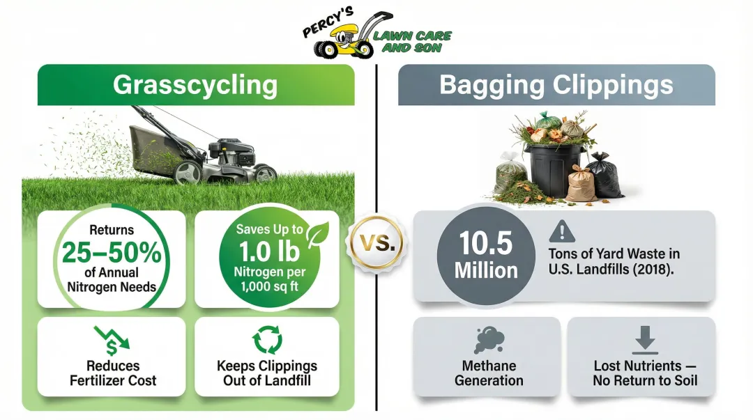Grasscycling nitrogen savings versus bagged clippings landfill waste comparison infographic