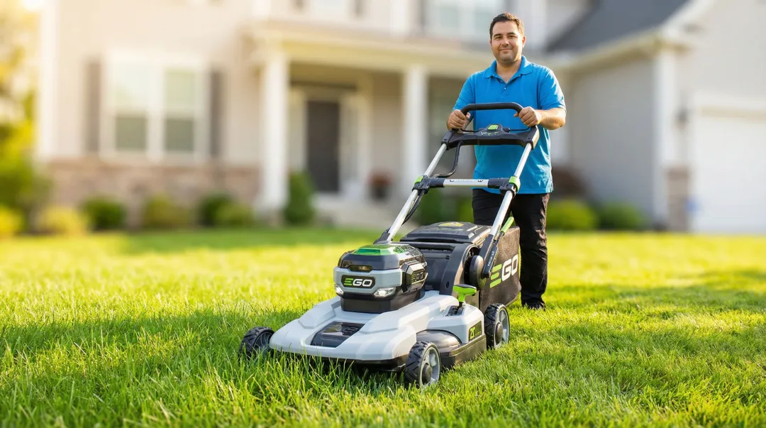 Battery-powered electric lawn mower operating on residential green grass