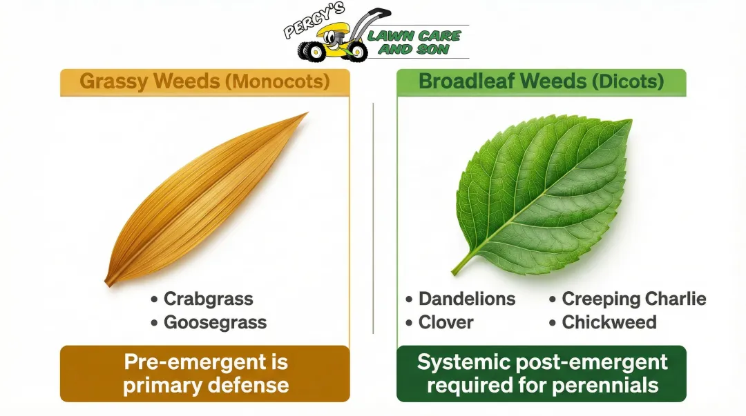 Grassy versus broadleaf weed visual identification guide with leaf vein comparison