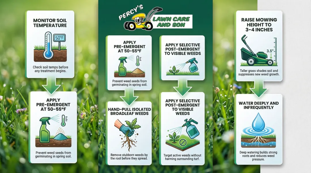 6-step Buffalo spring weed control action plan sequential checklist infographic