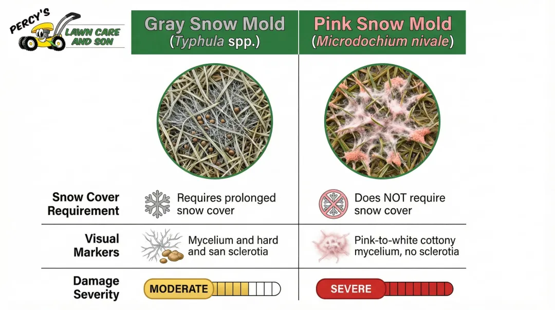 Gray snow mold versus pink snow mold comparison chart for lawn diagnosis