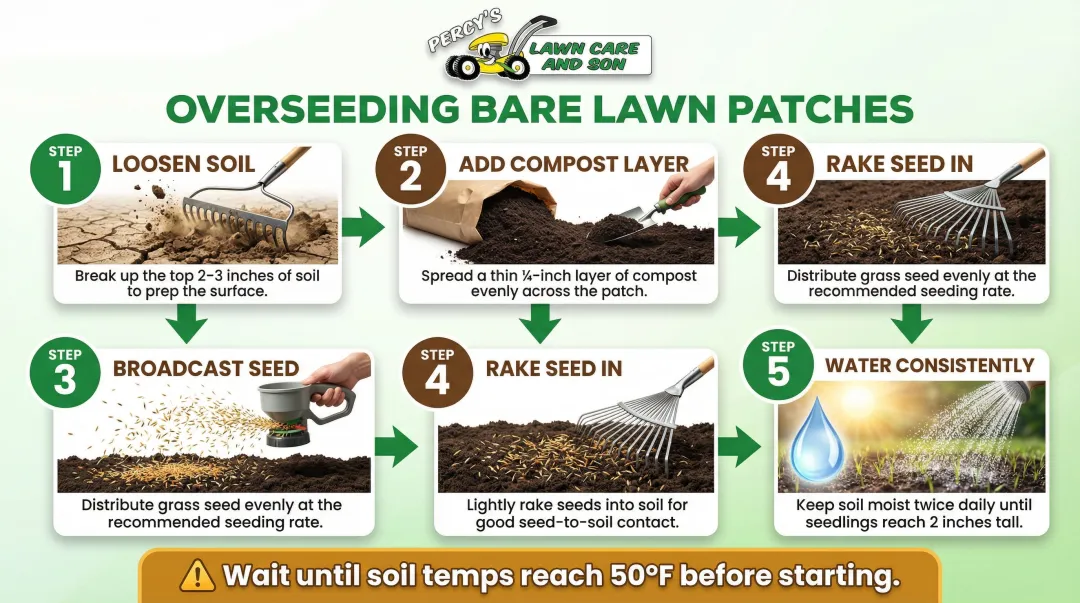 Five-step overseeding process for repairing bare lawn patches in spring