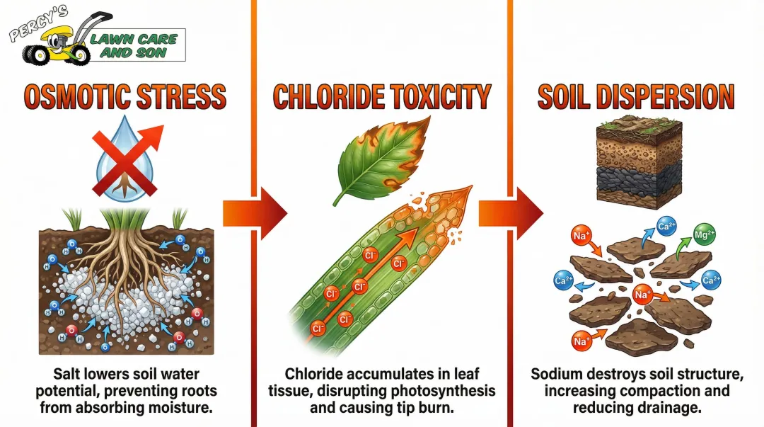 Three mechanisms of road salt damage to lawn grass roots infographic