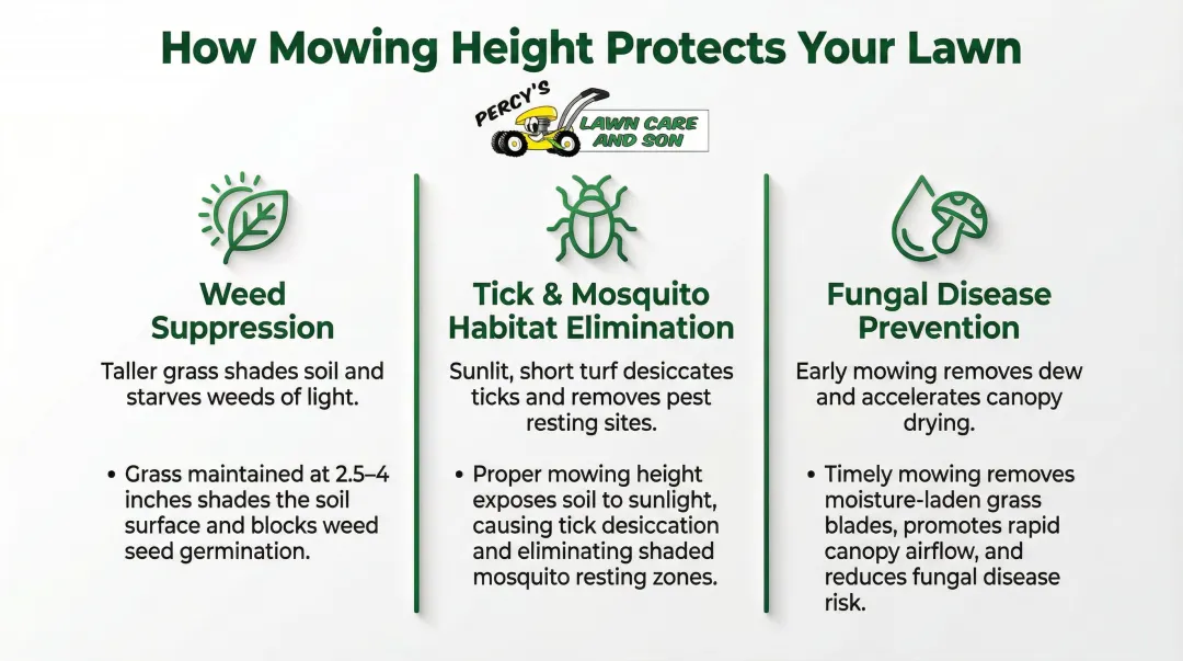 Three lawn mowing benefits suppressing weeds pests and fungal disease infographic