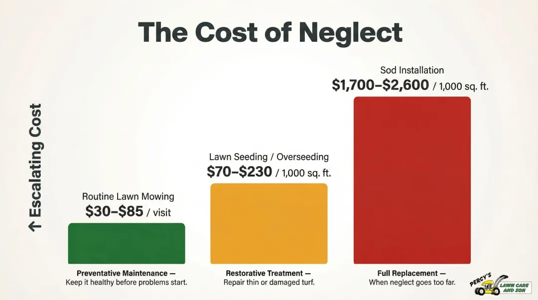 Lawn maintenance cost comparison routine mowing versus seeding and sod replacement