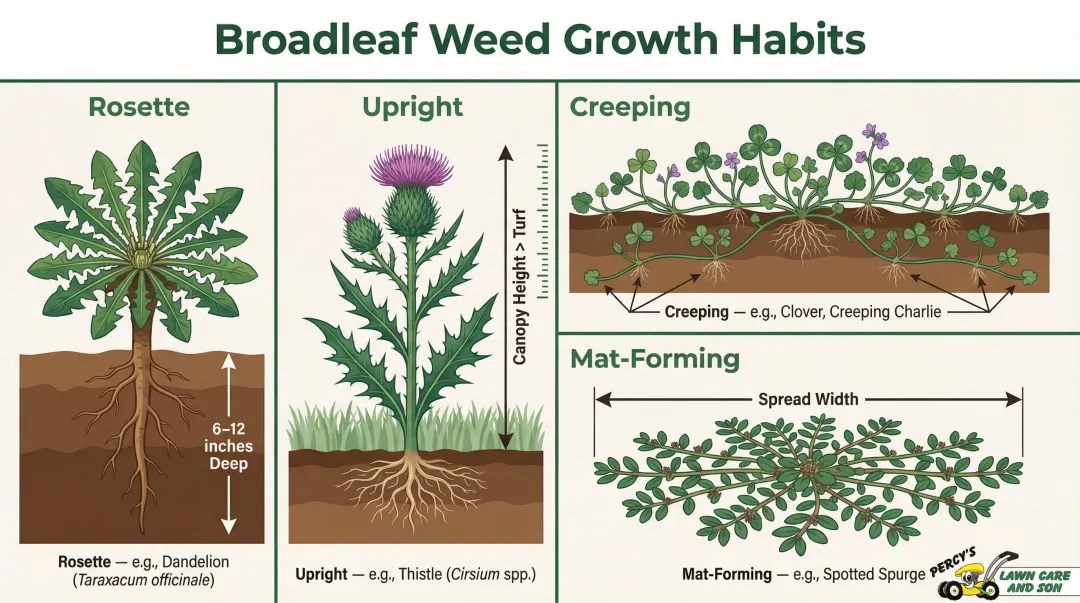 Four broadleaf weed growth habits comparison chart with root diagrams