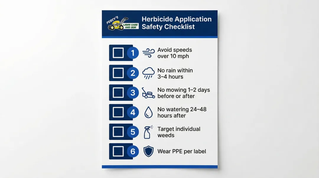 Six-step broadleaf herbicide application safety checklist infographic for homeowners