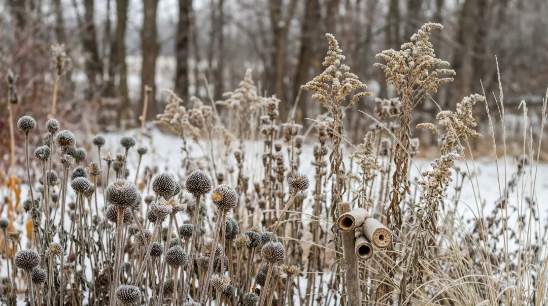 Dried coneflower and goldenrod stems left standing for overwintering beneficial insects