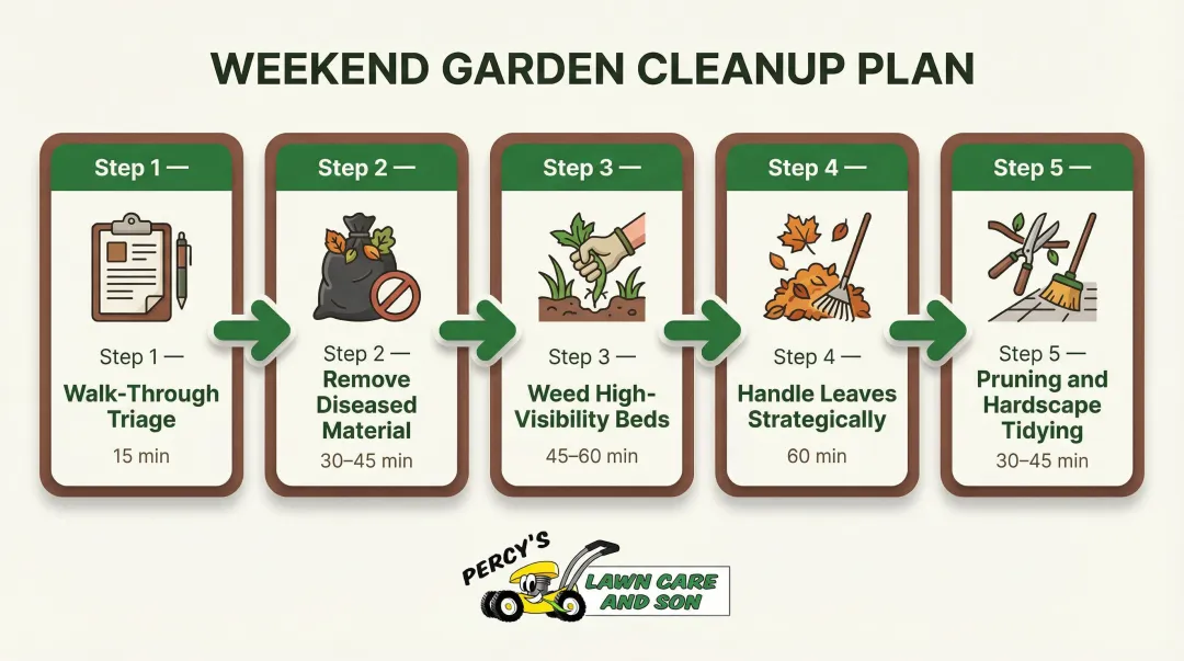5-step weekend garden cleanup process flow from walk-through to hardscape tidying