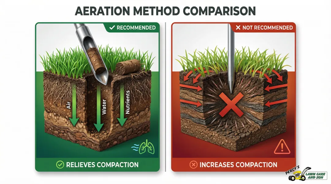 Core aeration versus spike aeration side-by-side soil cross-section comparison