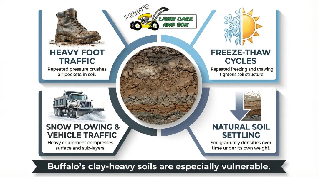Four causes of lawn soil compaction in Buffalo winters diagram