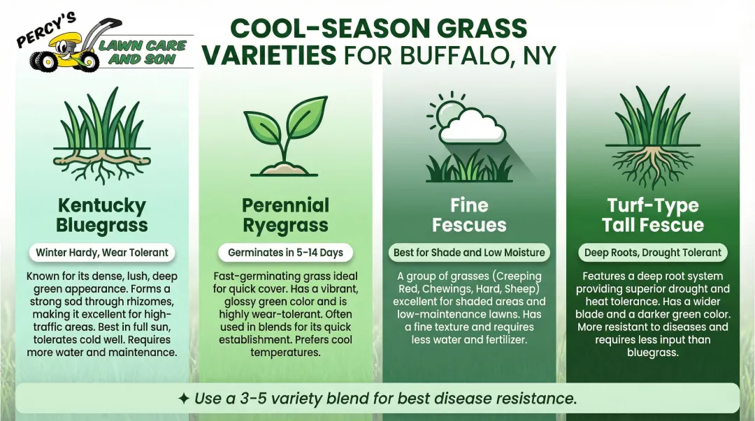 Cool-season grass seed varieties comparison chart for Buffalo New York lawns