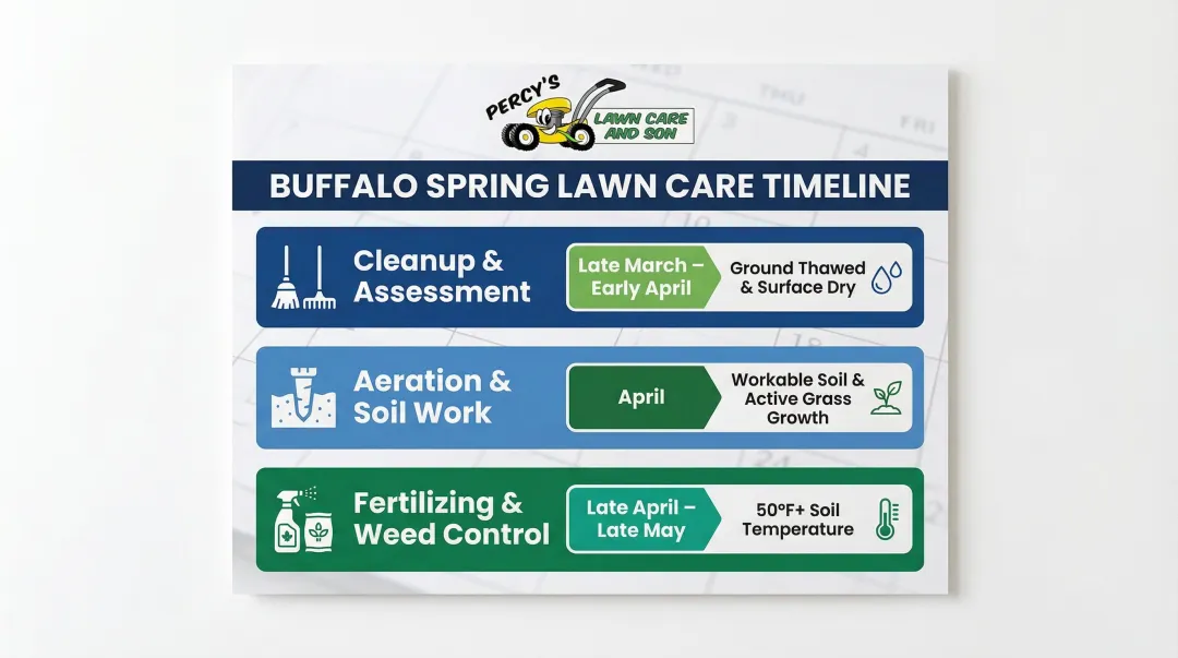 Buffalo spring lawn care timing framework with three task phases and conditions
