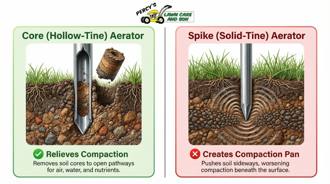 Core hollow-tine aerator versus spike aerator comparison showing soil compaction effects