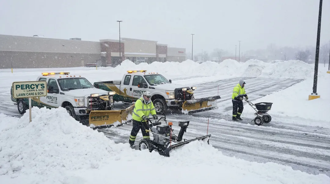 Percy's Lawn Care truck and crew performing residential snow removal Buffalo