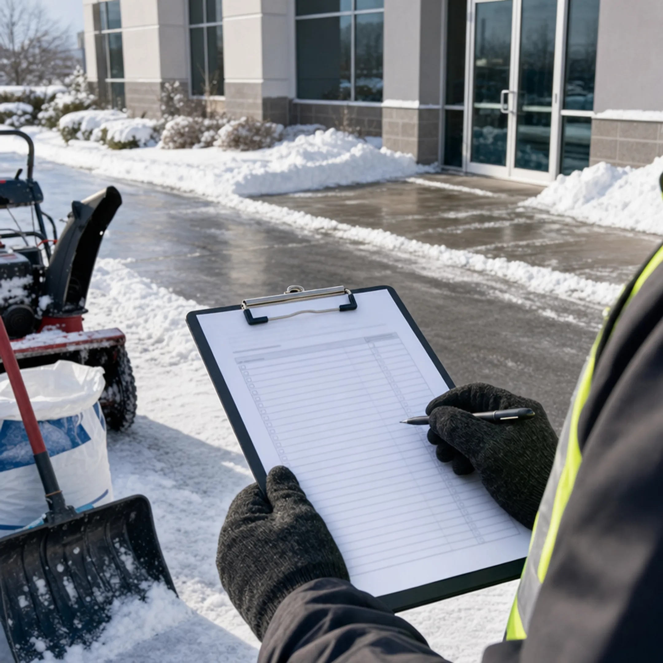 Snow removal contractor documenting completed commercial property service
