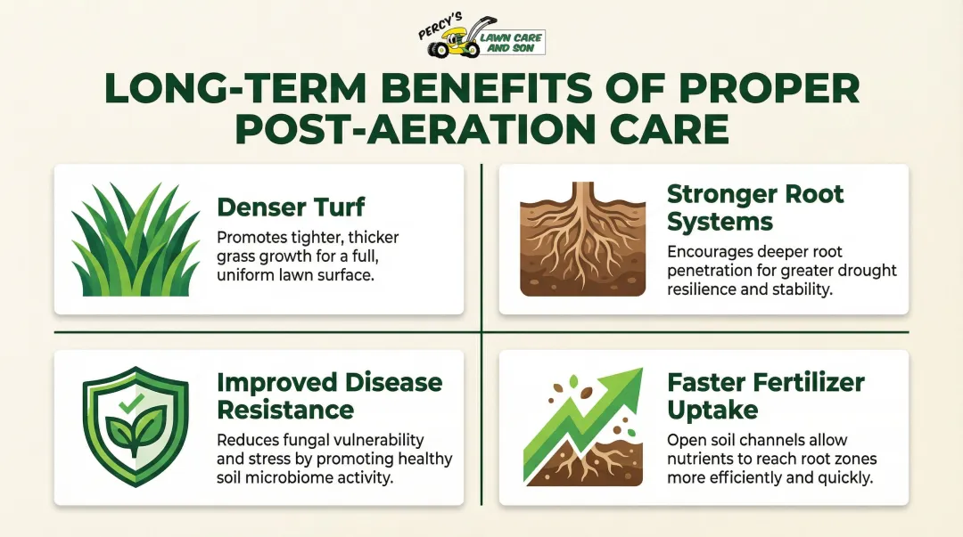 Four long-term lawn benefits of aeration and post-care treatment infographic