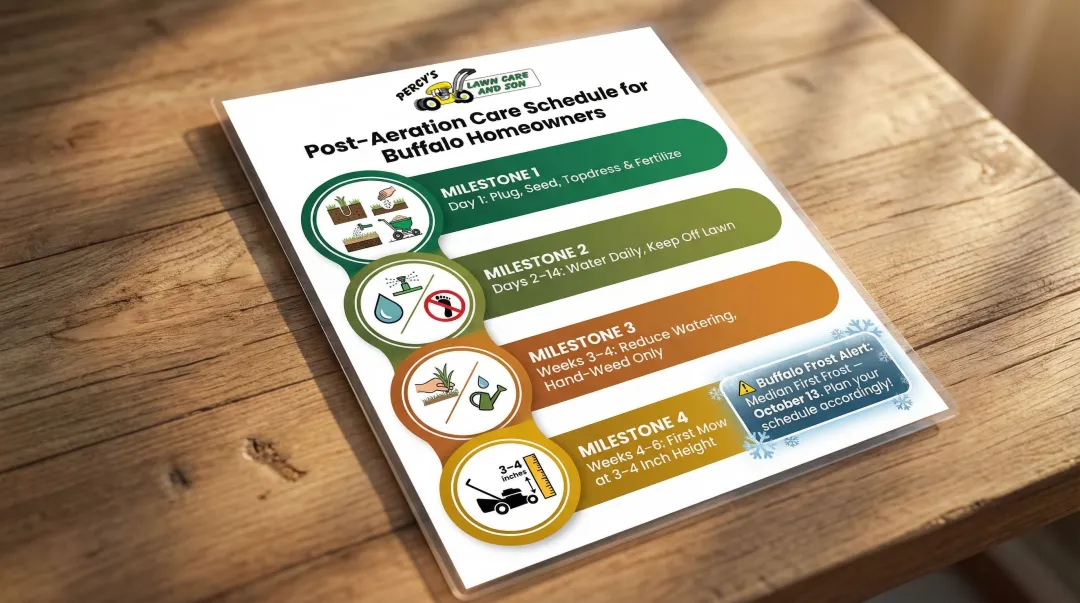 Week-by-week Buffalo post-aeration lawn care timeline from day one to week six
