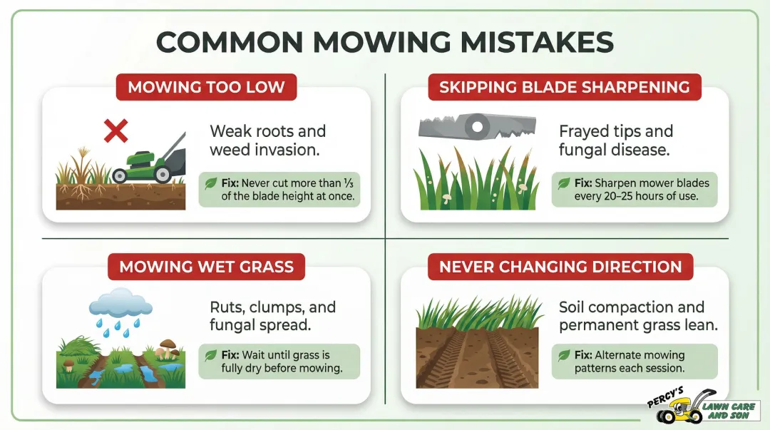 Four common beginner lawn mowing mistakes and their damaging consequences infographic