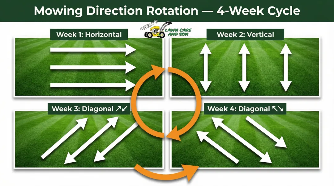 4-week lawn mowing direction rotation pattern to prevent ruts and compaction