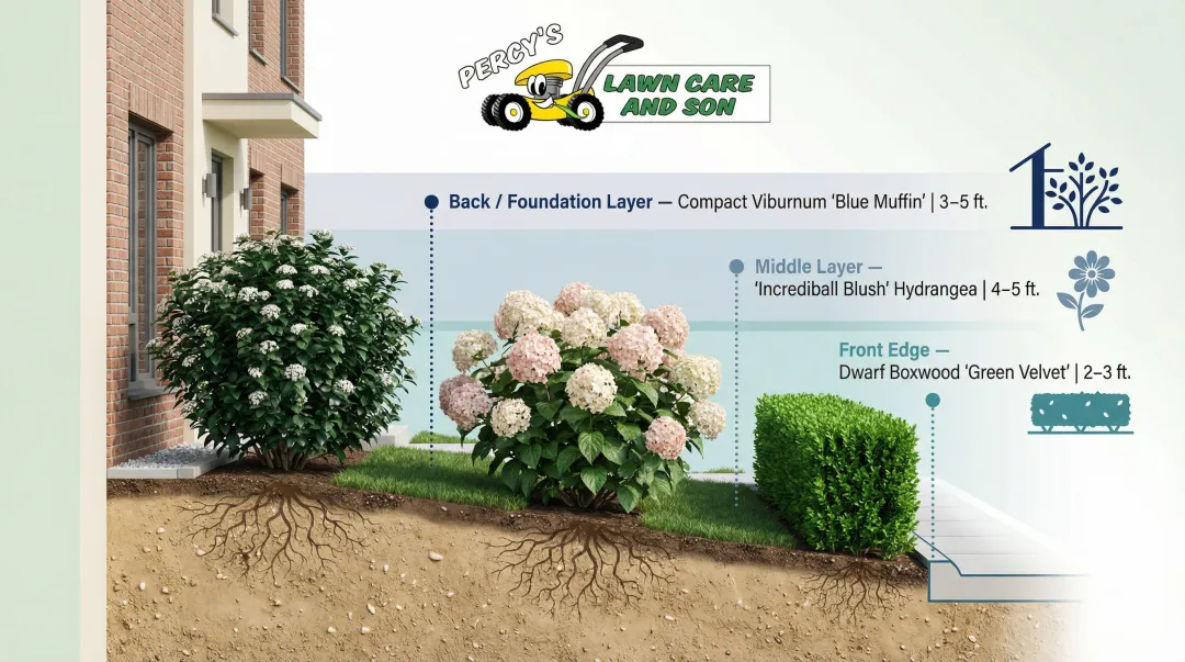 Three-layer townhouse front yard planting diagram from foundation to edge