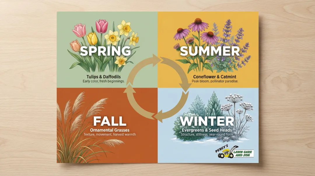 Four-season front yard curb appeal planting calendar for Buffalo climate
